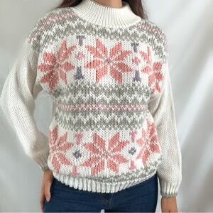 Vintage hand knit sweater cream pink Nordic winter long sleeve medium top